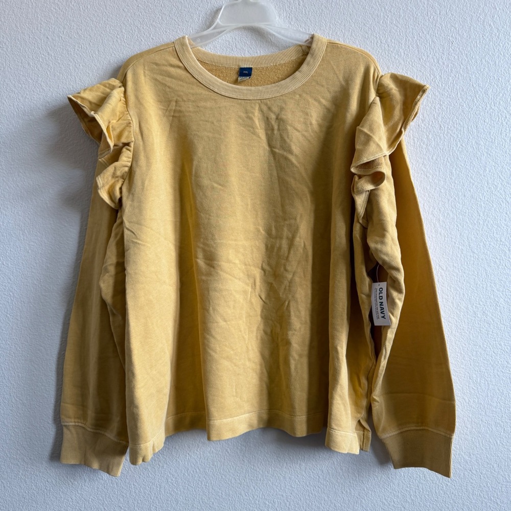 Old Navy Women XXL Safflower Yellow Party Fleece Ruffle Shoulder Sweatshirt NEW